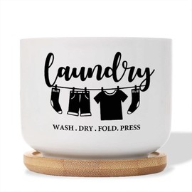 DecStic Laundry Wash Dry Press Planters Ceramic Inspirational Quotes Round Flower Pots with Drainage Holes and Bamboo Tray Pot for Indoor Outdoor Garden