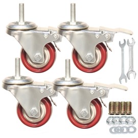 Heavy Duty Stem Caster Wheels Double Bearing PU Castors No Noise Swivel Casters M8-1.25x25mm 4 Packs with Dual Locking (2 Inch,With Brake)