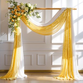 Wedding Arch Draping Fabric, 1 Panel 28" x19ft White Wedding Arch Drapes & 1 Panel 16" x19ft Gold Sequin Fabric Drapes Arbor Backdrop Curtain for Wedding Arch Ceremony Bridal Shower Reception
