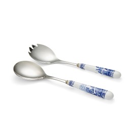 Spode Blue Italian Salad Servers Set - 10 Inch Spoon & Fork Serving Utensils Duo with Porcelain Handles and Stainless Steel Head