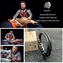 Casisto.J Men's Leather Bracelet, Braided Leather Beads, Stainless Steel, Black, Brown, Blue, with Magnetic Clasp, Easy Packaging