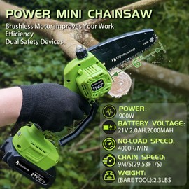 hiyuehome Cordless Mini Chainsaw 6 Inch - 21V 2.0Ah 900W Brushless Motor, Handheld Electric Chainsaw with Automatic Oiler & Double Safety Lock for Tree/Garden Trimming (Green - 2 Batteries)