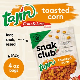 Snak Club Tajin Toasted Corn, Roasted Corn Nuggets with Chili and Lime Seasoning, Mild, Non-GMO, Gluten-Free, Kosher Snack, No Artificial Colors or Flavors, 4 oz Resealable Bags, 6 Pack