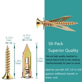 WerkaSi 100 Pcs Self Drilling Drywall Anchors with Screws 50 Sheetrock Anchors 0.47x1.18 Inch and 50 Expansion Screws 0.16x1.18 Inch No Drill or Holes in Wall