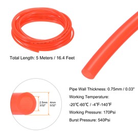 sourcing map Pneumatic Tubing Pipe Pu Hose 4mm OD x 2.5mm ID 5 Meters(16.4 FT) Air Compressor PU Polyurethane Line Hose Tube for Air Compressor Water Fluid Transfer, Red