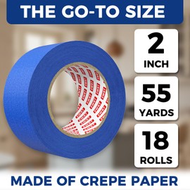 SWRT Blue Painters Tape 2 Inch Wide – 18 Rolls x 55 Yards (990 Total Yards), Clean Removal Masking Tape for Sharp Paint Lines on Walls, Trim & Baseboards, Easy Tear for DIY & Home Renovation Projects