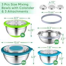 P&P CHEF Mixing Bowls with Lids Set of 3, 3 Pcs Stainless Steel Nesting Salad Bowls and Colander for Kitchen, 3 Grater Attachments & Non-Slip Bottoms, Visible & Airtight Lid, Multicolor