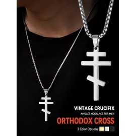 FaithHeart Catholic Jewelelry Orthodox Cross Russian Eastern Cross Necklace Stainless Steel Christian Pendant Adjustable Chain 22"+2" inches