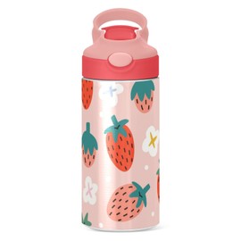 Kigai Cute Strawberry Kids Water Bottle with Straw Lid, Vacuum Insulated Stainless Steel Double Walled Leakproof Tumbler Travel Cup for Girls Boys Toddlers, 12 oz