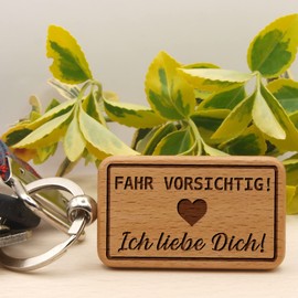 dekolaser24 - Keyring "Fahr Vorsichtig Ich Liebe Dich" (German Language), Love expression, love sayings, love gift for him, men, women, gift for birthday or Christmas, brown