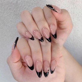 MouyouGlow Press on Nails Short, Almond Nude Pink Black French Rhinestone Basic Glossy Fake Nails with Nail Glue, Natural Pink Black Tips Crystal Artificial Fingernails