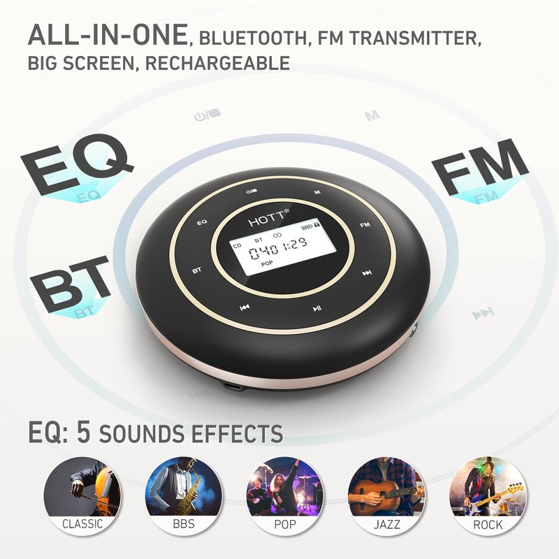 HOTT C105 Portable CD Player, Rechargeable Battery,Bluetooth/FM Transmit/AUX-in, Anti-Shock, Backlight