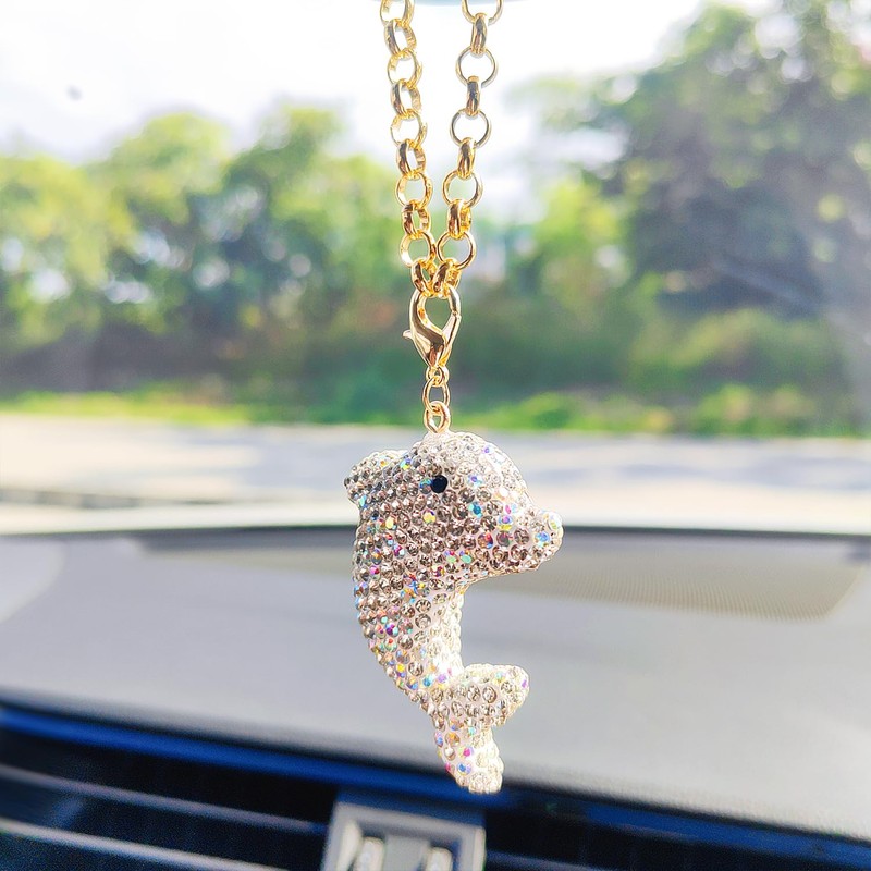 Bling Dolphins Rear View Mirror Accessories, Sparkling Embedded Rhinestones Marine