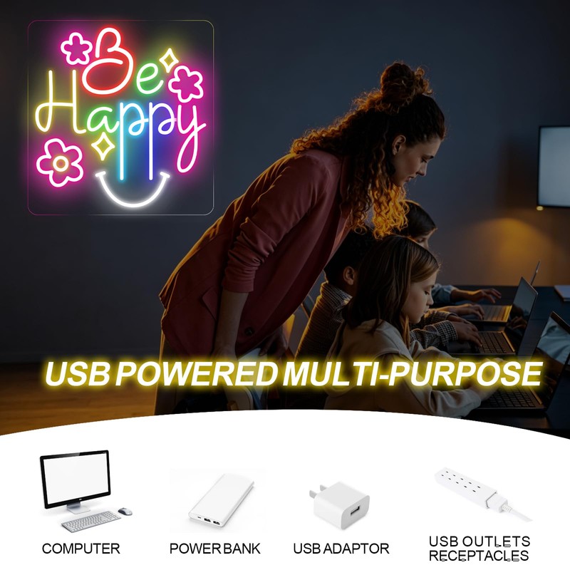 Be Happy Neon Sign, Positive Classroom Decor LED Light for