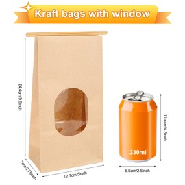 Bakery Bags with Window, 100Pcs, 5.1x2.75x9.6 in, Kraft Paper, Reusable