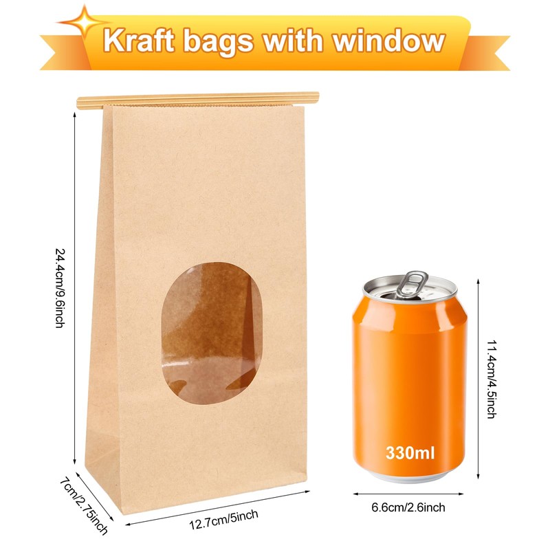Bakery Bags with Window, 100Pcs, 5.1x2.75x9.6 in, Kraft Paper, Reusable