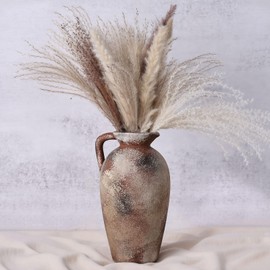 Rustic Farmhouse Ceramic Vase, 9.3 Inch Tall, Vintage Ceramic Vases, Terracotta Decorative Boho Pampas Flower Vase, Suitable for Home Decor, Living Room, Entrance Table, Bookcase, Mantle,