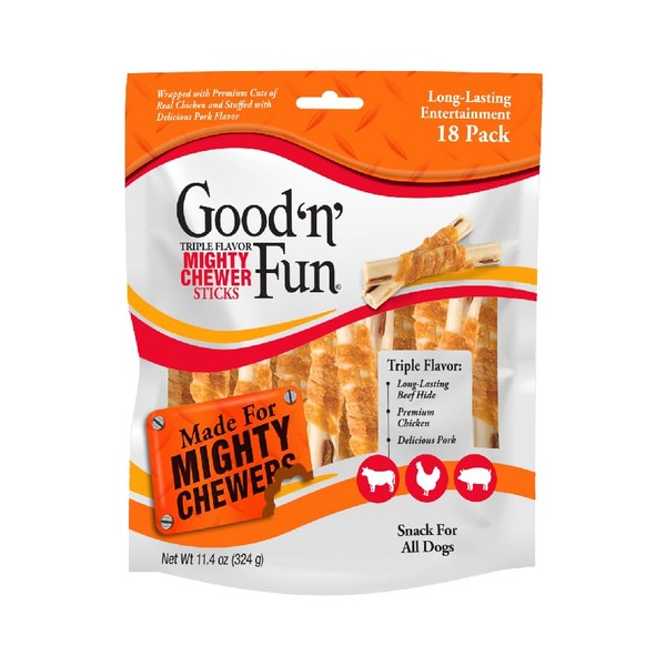 Good 'n' Fun Triple Flavor Mighty Chewer Sticks, 18 Count,