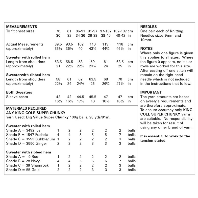 King Cole 6005 Adult Super Chunky Knitting Pattern