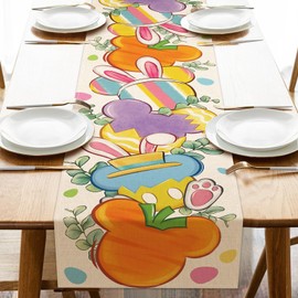 YMCAFZ Easter Table Runner, Colorful Bunny Ears Carrot Kitchen Dining Table Decoration, Spring Eucalyptus Leaves Burlap Indoor Outdoor Home Decor Party Supply 13 x 90 Inches