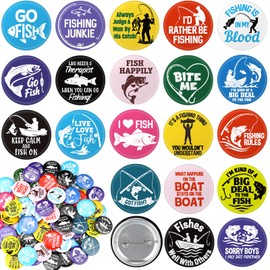 Sureio 80 Pcs Go Fish Buttons 1.5 Inches Fishing Party Favors Fishing Brooch Pin Father's Day Gift Pin Fisherman Birthday Party Decoration for Boys Men