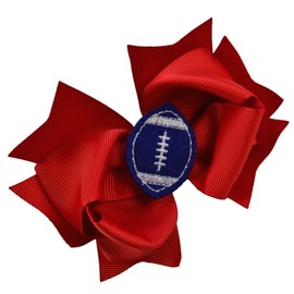 Girls Football Hair Bow 4.5 Inch Embroidered Football Team Hair Bow (Red Bow with Blue Ball)