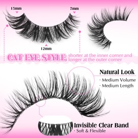 PVDKIW Wispy Lashes False Eyelashes Clear Band Cat Eye Lashes Natural Look 15MM Fake Eyelashes Pack Pestañas Postizas Naturales Wispy D Curvature Lashes, 7 Pairs