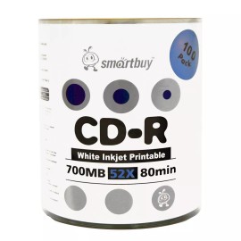 Smartbuy 100 Smartbuy CD-R 52X 700MB/80Min White Inkjet Printable Blank Recording Disc