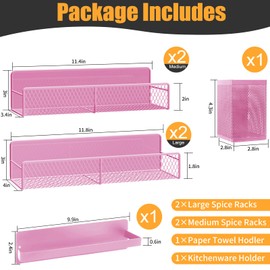 DTUQYX Magnetic Spice Rack, Refrigerator Organizer, 6 Pack Metal Pink Magnetic Shelf with Paper Towel Holder, Utensils Holder, Strong Magnets, Space Saving