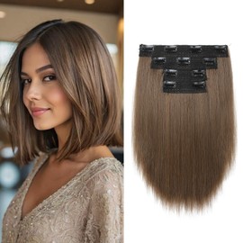 NTYNTY Hair Extensions, 10" Short Clip in Hair Extensions 4PCS Straight Natural Soft Synthetic Hairpiece for Women- Light Brown
