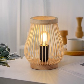 SUNLLOK Boho Table Lamp with Wooden Base, Retro Rattan Lamp, Small Bedside Lamp for Bedroom, Industrial Bamboo Lampml, Reading Lamp, Table Lamps Decoration for Living Room, Children's Room, Office