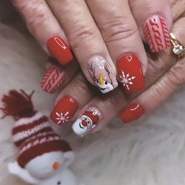 Christmas Press on Nails Short Square Christmas Fake Nails with Snowmen Santa Claus Designs Winter Christmas Glue on Nails Red Glossy Artificial Acrylic False Nails for Women Holiday Manicure 24Pcs