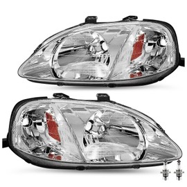 JSBOYAT Headlight Assembly Pair w/Bulbs for 1999 2000 Honda Civic [Halogen Type] OE Style Headlamp Replacement L+R (Chrome Housing with Amber Reflector)