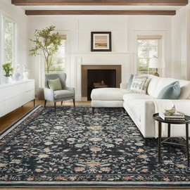 AMADA HOMEFURNISHING Area Rugs 9x12, Washable Floral Rug Non Slip Large Living Room Rug Vintage Distressed Soft Carpet for Bedroom, Dinning Room, Home Office