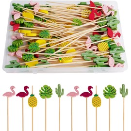 100 Counts Bamboo Cocktail Sticks, Fruit Cocktail Picks, Finger Food Picks, Appetizer Sticks, Party Food Toothpicks with Flamingo Cactus, Decorative Cocktail Sticks for Drinks Fruit Appetizers