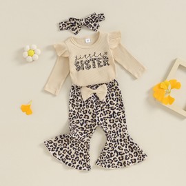 Kuriozud Newborn Baby Girl Clothes Little Sister Ruffle Romper Onesie Leopard Flare Pants Set Cute Headband Infant Fall Outfit (Leopard Little Sister, 0-3 Months)