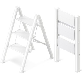 GameGem 3 Step Ladder, Aluminum Folding Step Stool with Anti-Slip Sturdy and Wide Pedal, Lightweight Portable Stepladder for Home and Kitchen Use Space Saving, Cream White, 330 lbs