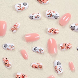 24 Pcs Christmas Fake Nails Almond Press on Nails Medium Nails Glossy Light Orange False Nails with Cute Cartoon Reindeer Pattern Designs Full Cover Christmas Press on Nails for Women and Girls