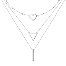 DAOSHANG 925 Sterling Silver Triangles Hearts Stripes Three Layered Necklaces for Women Unique Adjustable Chain 16/18/20+2" Birthday Thanksgiving Christmas Jewelry For Present