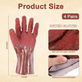 XIHIRCD 4 Pairs Sewer Gloves, Anti-Slip PVC Plumbing Gloves Abrasion Resistant Snake Gloves Waterproof Drain Cleaning Gloves for Women Men Plumber Accessories (Brown)