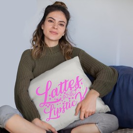Girly Lattes & Lipstick - Beauty Themed Merch for Makeup Artist or Cosmetologist, Gift for Makeup Lovers, Pillow Cover, White 20X20 in