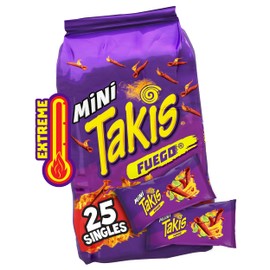 Takis Fuego Mini 25 pc / 1.23 oz Bite Size Multipack, Hot Chili Pepper & Lime Flavored Extreme Spicy Rolled Tortilla Chips