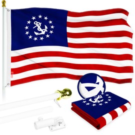 G128 Combo Pack: 5 Ft Aluminum Spinning Flagpole (White) & American USA Yacht Ensign Flag 2.5x4 Ft, ToughWeave Series Embroidered 300D Polyester | Pole with Flag Included