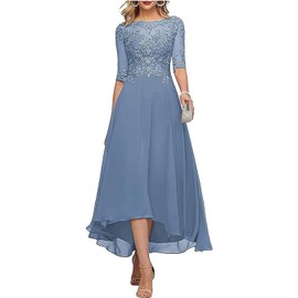 3/4 Sleeves Mother of The Bride Dress Lace Appliques Tea Length Chiffon Formal Wedding Dusty Blue Prom Gowns