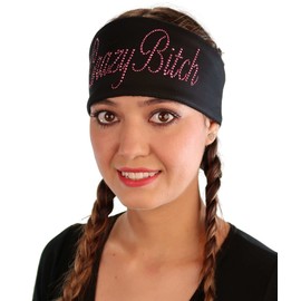 Chop Tops - 100% Cotton - One Piece with Hook & Loop Closure and Small Tail - Biker Do Rag - Headwrap (US, Alpha, One Size, Dark Pink Fancy Crazy B I T C H Rhinestud Design)