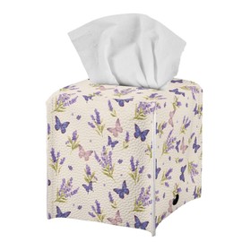 Hzeswody Butterfly and Lavender Tissue Box Holder, Square Tissue Box Cover with Bottom Belt Modern Tissue Box Cover for Craft Rooms Bathroom Living Rooms Home Office Supplies