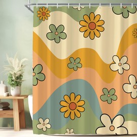 Visioun - Cortina de ducha estética retro de los años 70 para baño de 60 x 72 pulgadas de alto, diseño clásico de margaritas, colorido, abstracto, moderno, decoración de tina, impermeable, juego de tela de poliéster con 12 ganchos (10 agujeros)