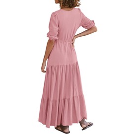 BTFBM Women Summer Dresses Short Sleeve V Neck Maxi Dresses Boho Long Dresses Beach Holiday Dress(Solid Pink,Medium)
