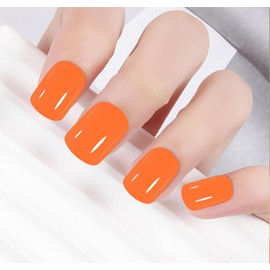 Press On False Nails Short Squoval ABS Natural Fit Fake Nails with Jelly Glue Reusable Manicure Glue On Nails Woman and Girl, Gel Glossy False Nails 12Sizes 24pcs (Fluorescent orange)