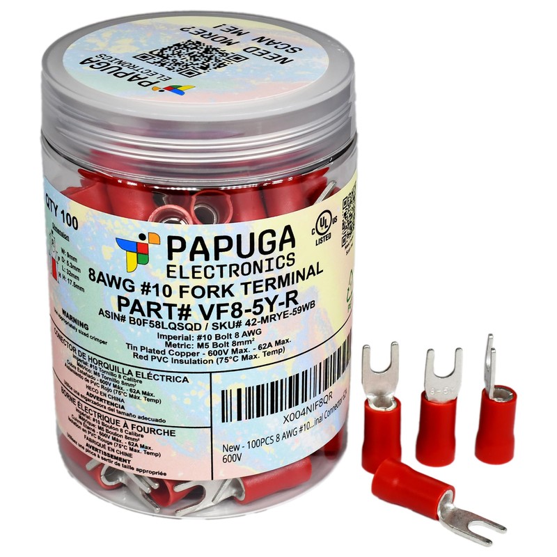 100PCS 8 AWG #10 M5 Insulated Fork Crimp Connector 62A